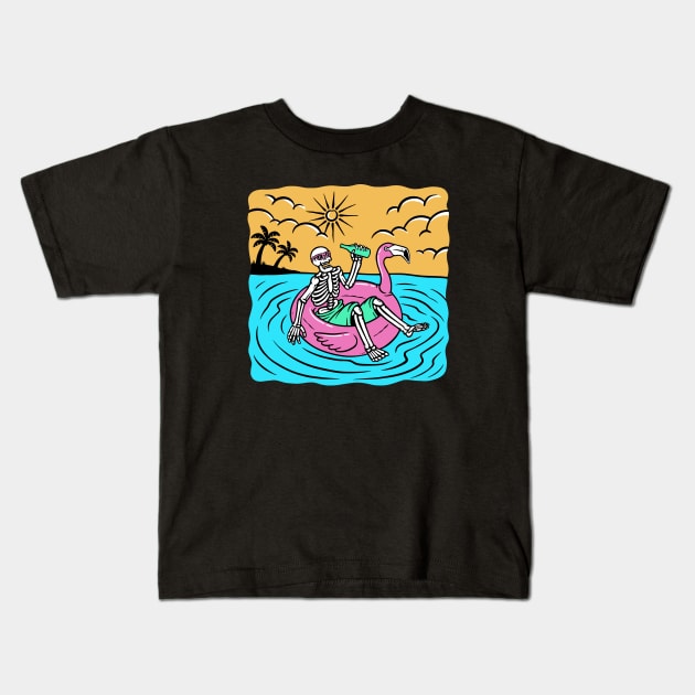 Summer Chillin' // Skeleton Lounging in the Sea on a Flamingo Floatie Kids T-Shirt by SLAG_Creative